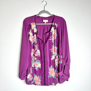 ModCloth Purple Pink Floral Chiffon V-Neck Blouse Retro Party Long Sleeve Sz 2X